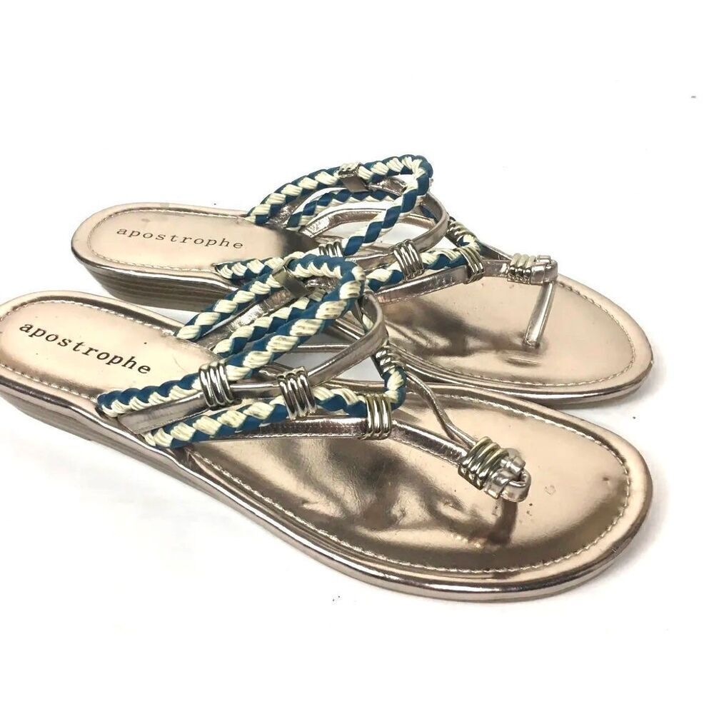 Apostrophe MADDIE Metallic Silver & Teal Braided Flip Flop Sandal Women Size 8